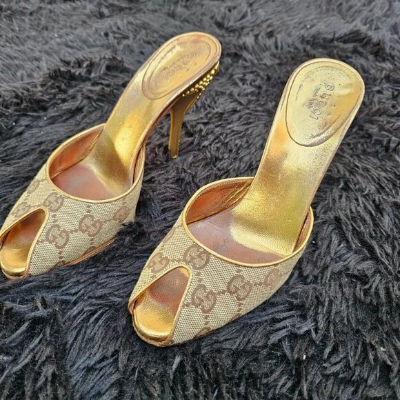 Gucci Women Heel Sandal GG Web Gold Tone Buttom Made Italy Size 34.5 - Picture 5 of 14